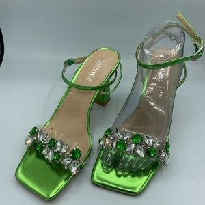 Reitoye Green metallic Chunky rhinestones Block High Heels size 6